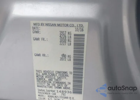 2017 Nissan Altima 2.5 Sv z USA, uszkodzony, nr VIN 1N4AL3AP4HC148936